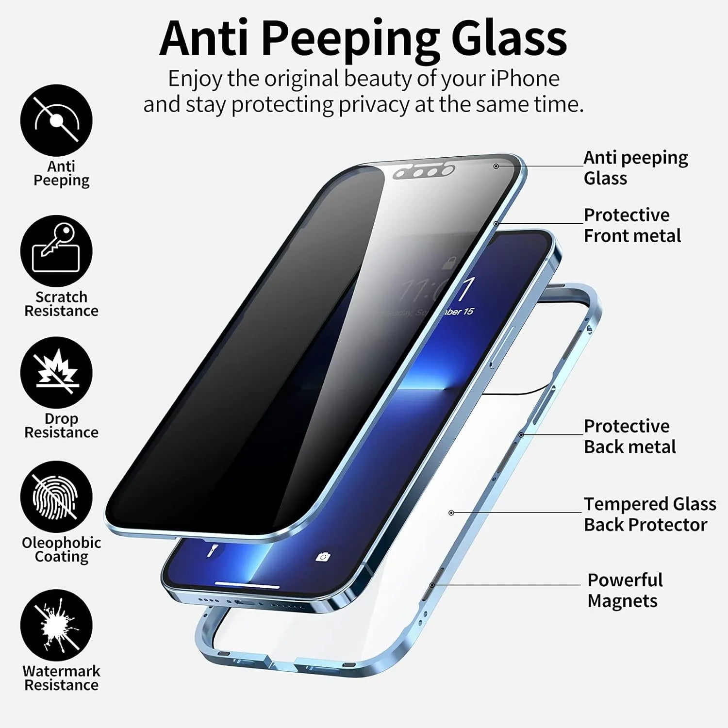 360 degree full body magnetic privacy case structure anti peeping glass and metal frame